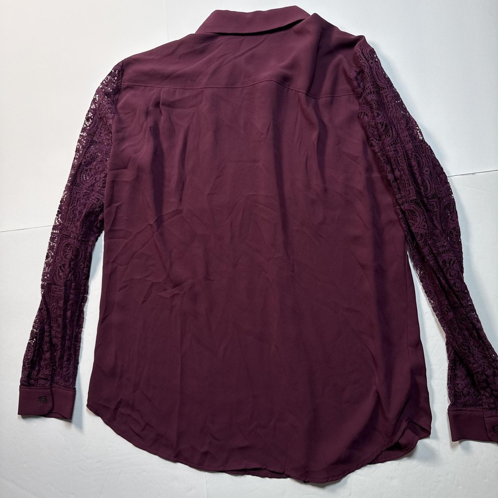 LOFT Blouse Womens Medium Burgundy Collared Button Front Sheer Lace Long Sleeve - Picture 8 of 8